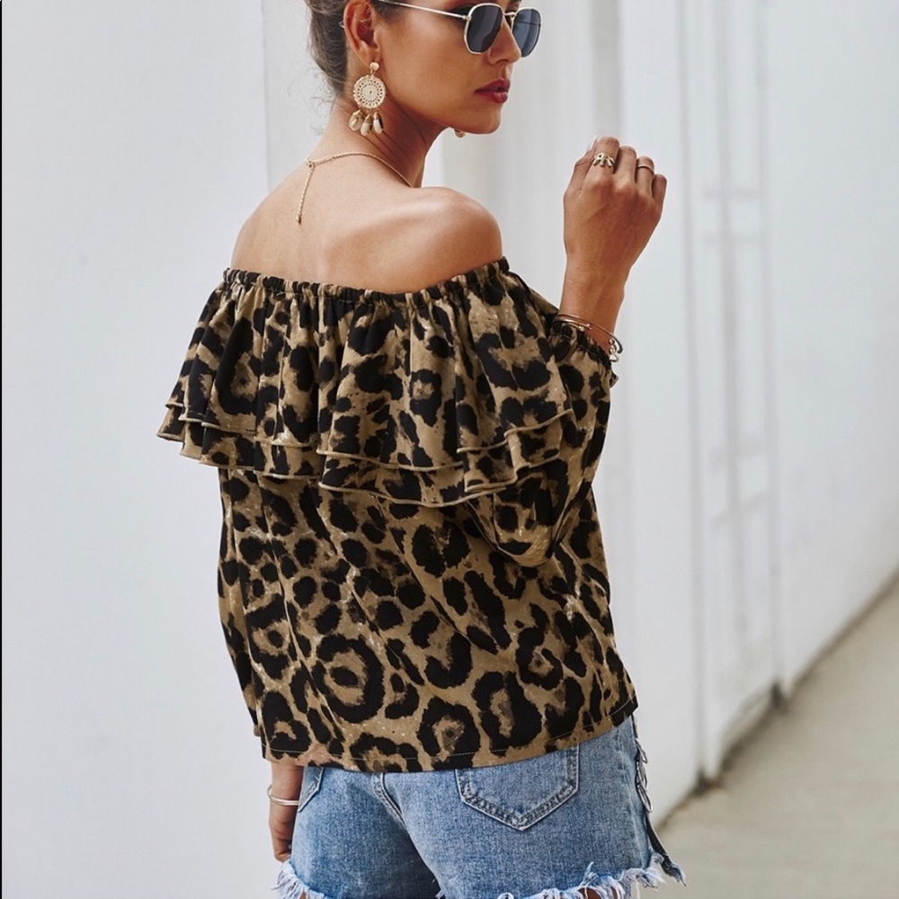 New! Tan Leopard Print off the shoulder Ruffle top - Picture 2 of 4
